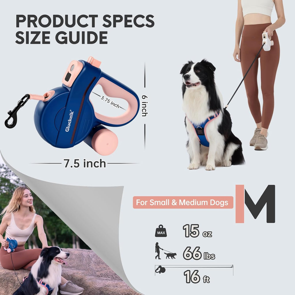 Laisse Rétractable pour Chien avec LED et Distributeur de Sacs
