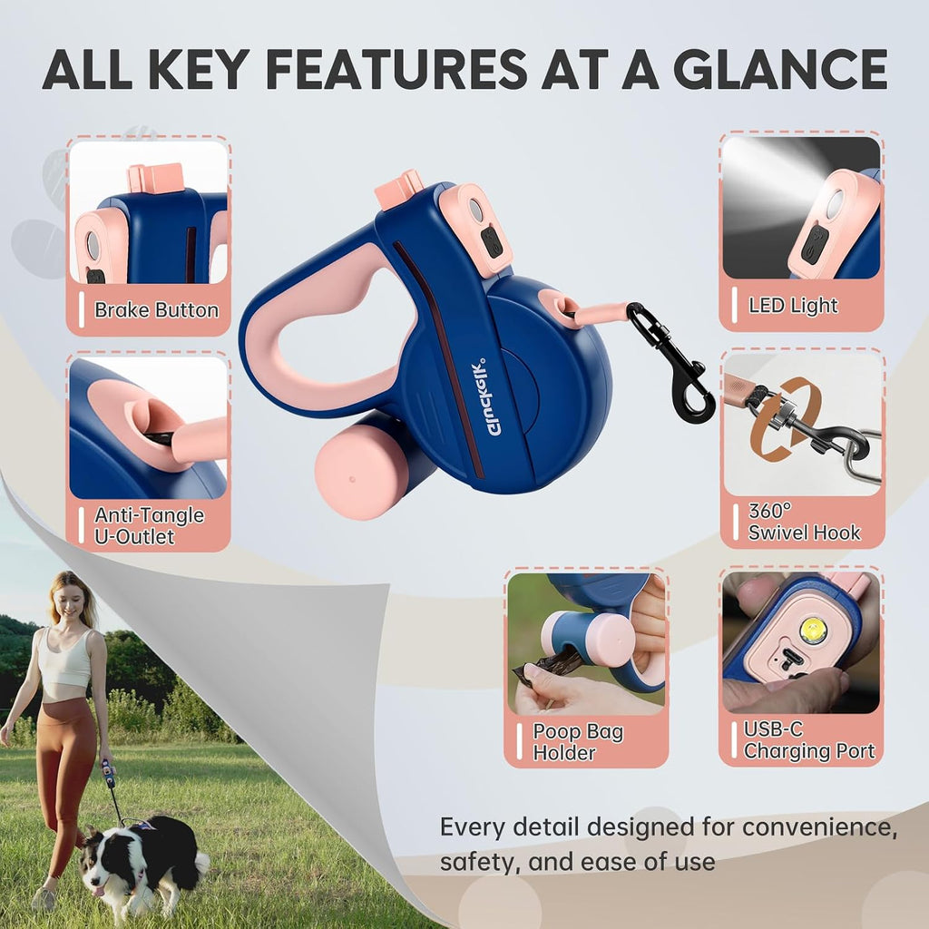 Laisse Rétractable pour Chien avec LED et Distributeur de Sacs