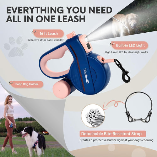 Laisse Rétractable pour Chien avec LED et Distributeur de Sacs